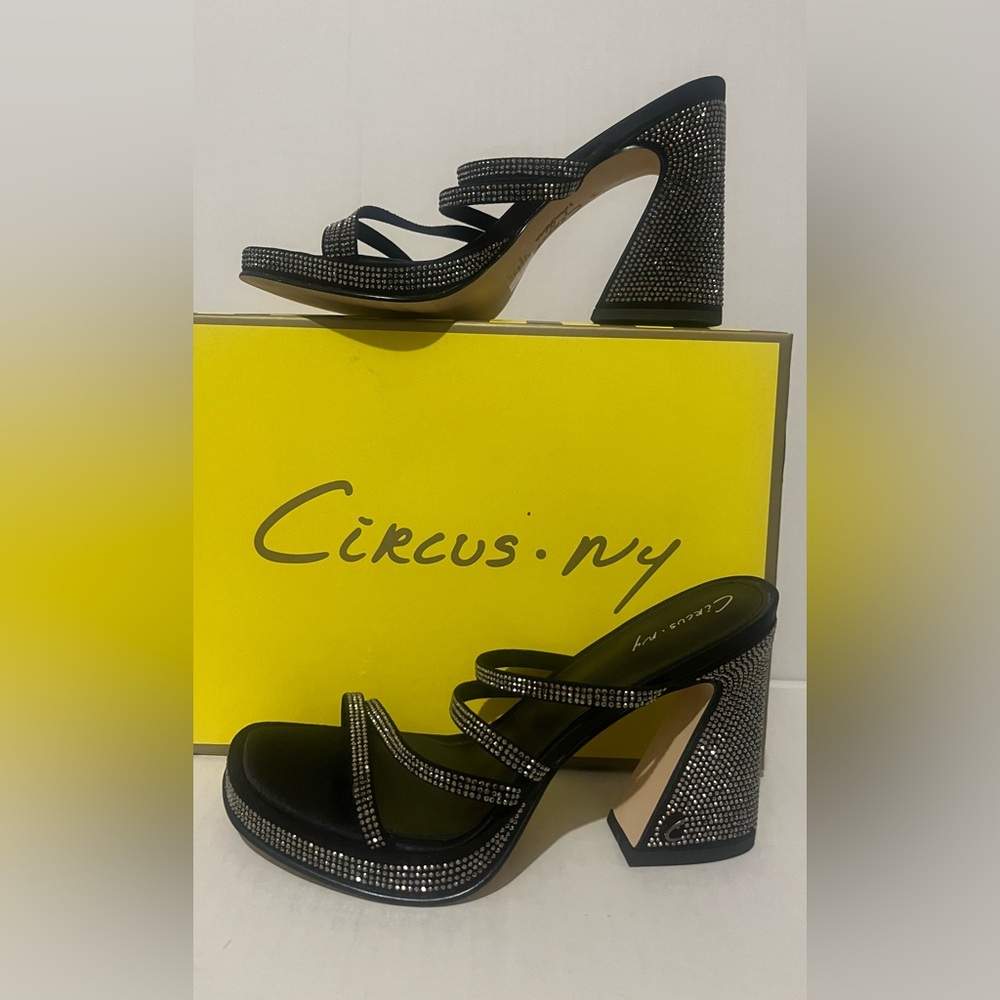 Circus Ny By Sam Edelman Black Strappy Flared Sandals Rhinestone Heels